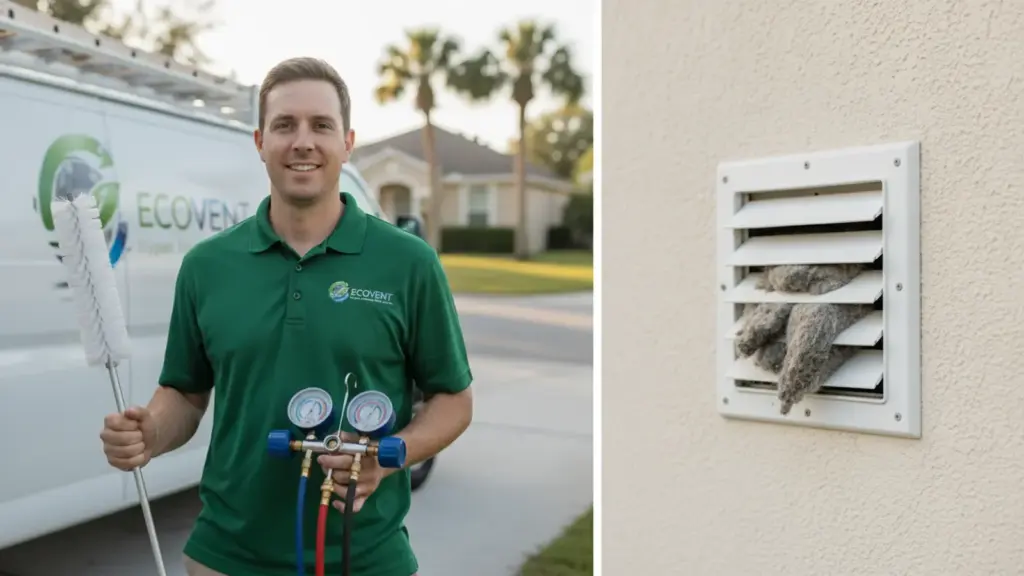 HVAC technician holds diagnostic gauges in front of service van and residential home.
