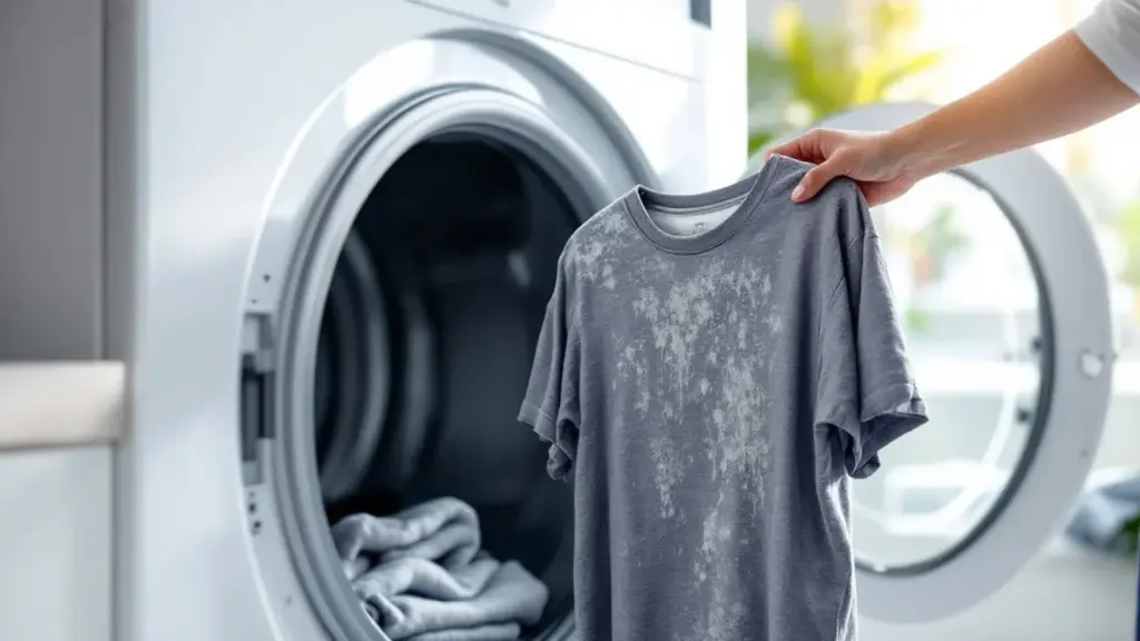 A close-up shot of a modern clothes dryer open inside a bright St. Petersburg condominium laundry room, with a hand hold