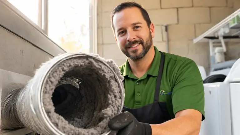 HVAC technician displays lint-filled dryer vent duct during maintenance inspection.