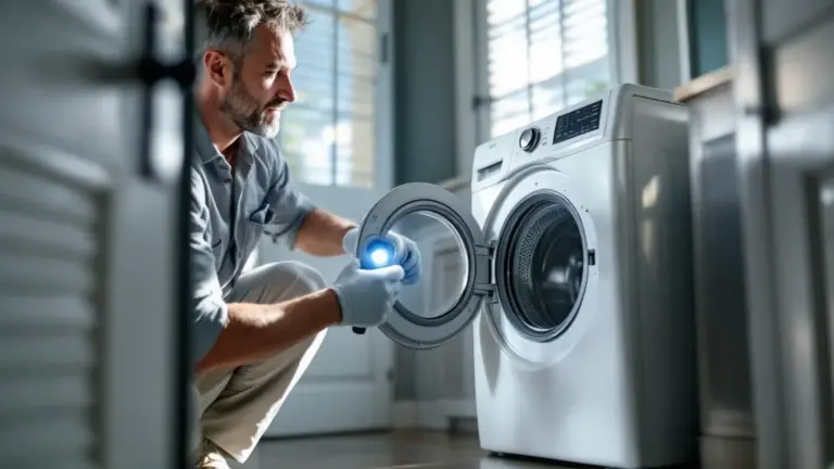 Technician inspects washing machine drum with diagnostic light tool