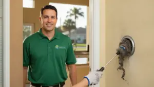 HVAC technician displays dryer vent cleaning service with professional equipment.